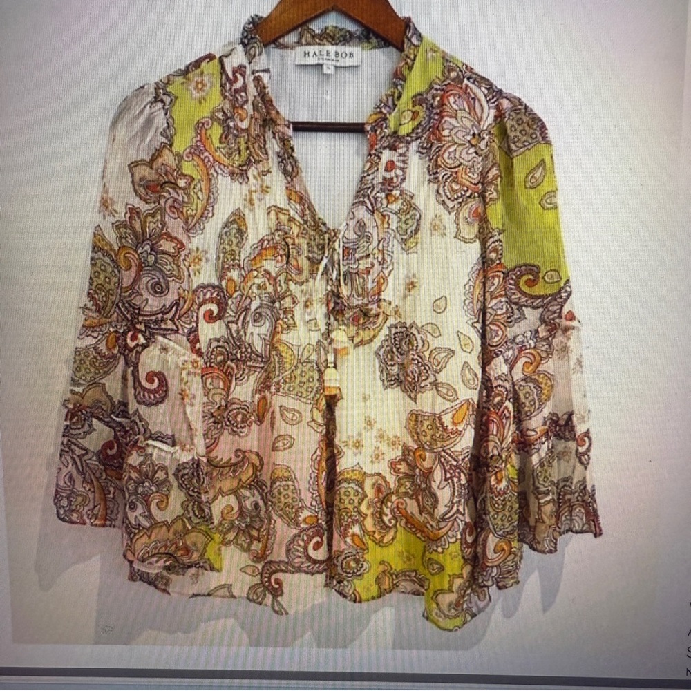 HALE BOB Women Floral Print 3/4 Flutter Sleeve Lined Tassel Tie Blouse Size S